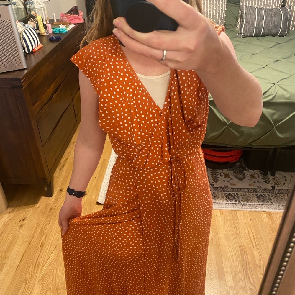 Elegant Orange Maxi Dress with Polka Dots